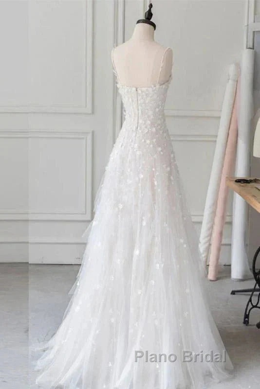 Spaghetti Straps Lace Tulle Floor Length Beads Formal Prom Dresses Wedding Dresses With Flowers