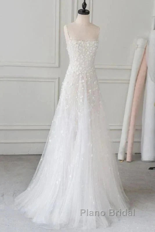 Spaghetti Straps Lace Tulle Floor Length Beads Formal Prom Dresses Wedding Dresses With Flowers