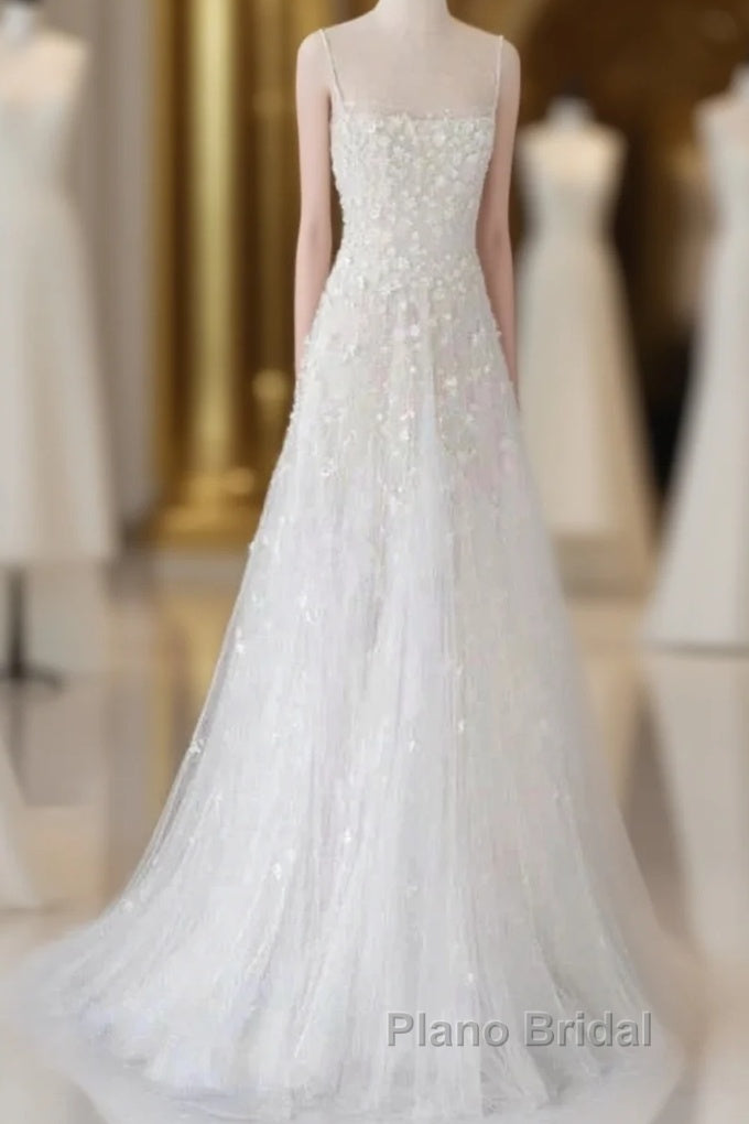 Spaghetti Straps Lace Tulle Floor Length Beads Formal Prom Dresses Wedding Dresses With Flowers Main image