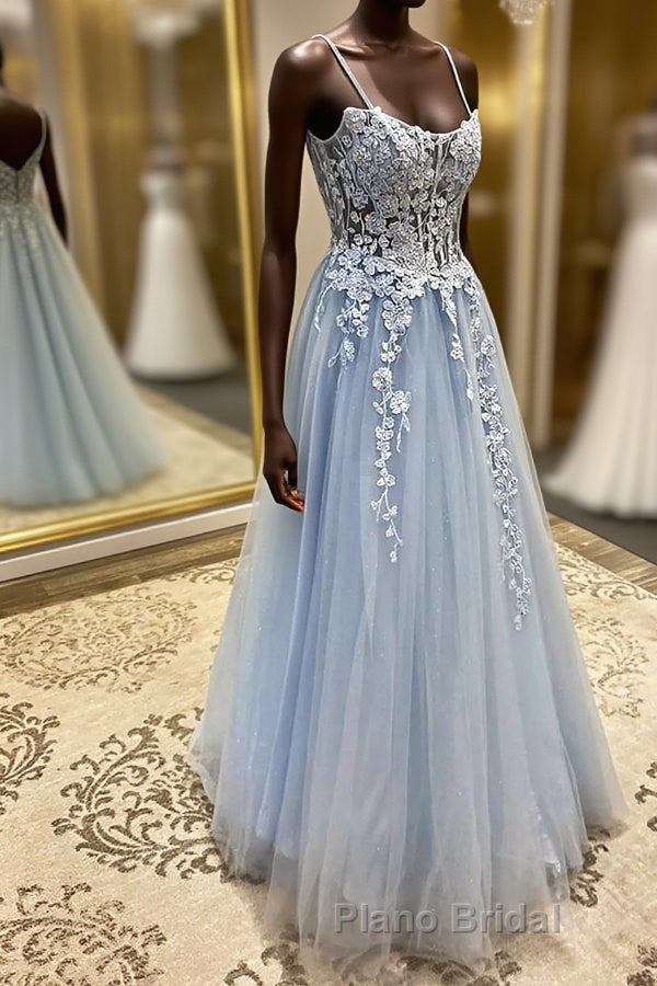 Spaghetti Straps Light Blue Lace Formal Prom Dresses, Light Blue Lace Formal Evening Dresses