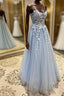 Spaghetti Straps Light Blue Lace Formal Prom Dresses, Light Blue Lace Formal Evening Dresses