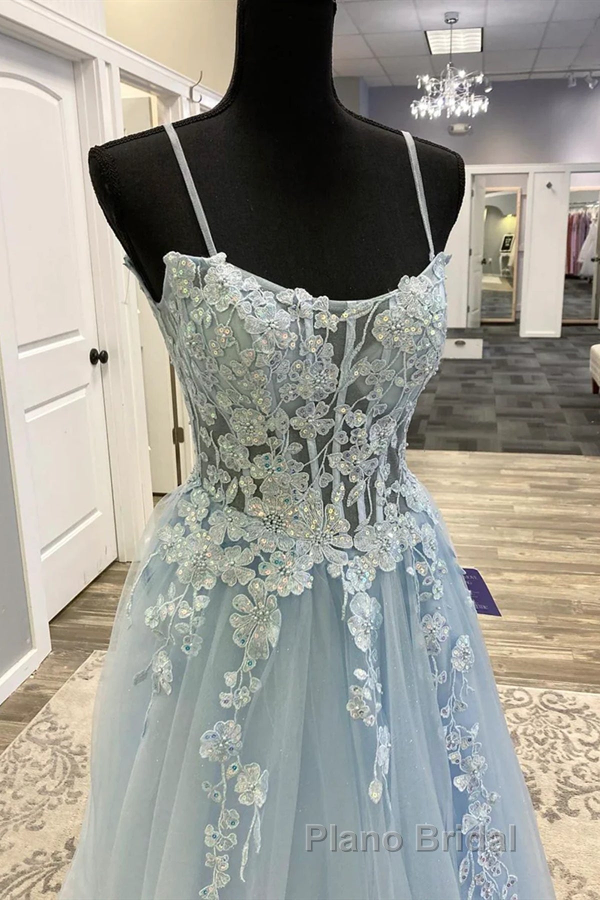Spaghetti Straps Light Blue Lace Formal Prom Dresses, Light Blue Lace Formal Evening Dresses Secondary image