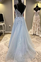 Spaghetti Straps Light Blue Lace Formal Prom Dresses, Light Blue Lace Formal Evening Dresses