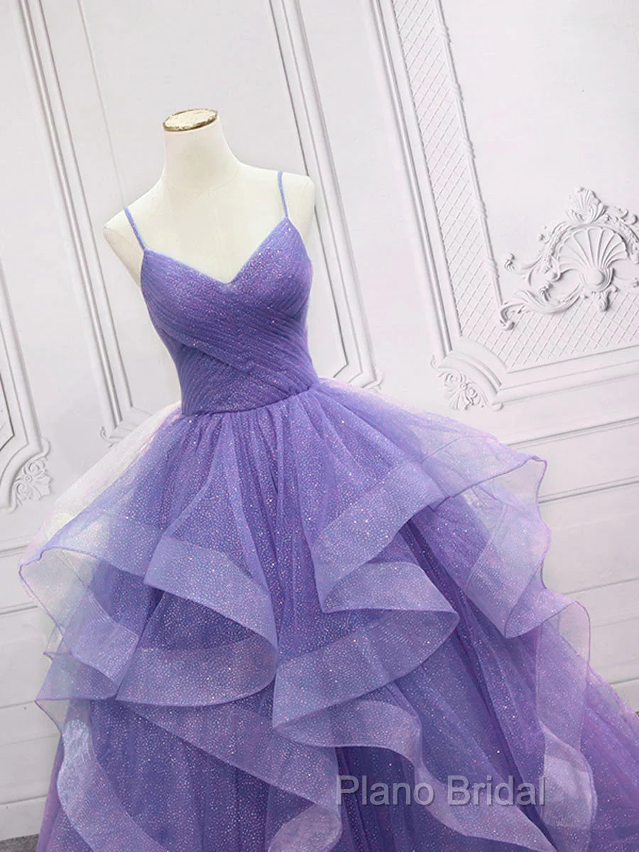 Spaghetti Straps Light Purple Long Formal Prom Dresses A Line Layered Birthday Party Dresses