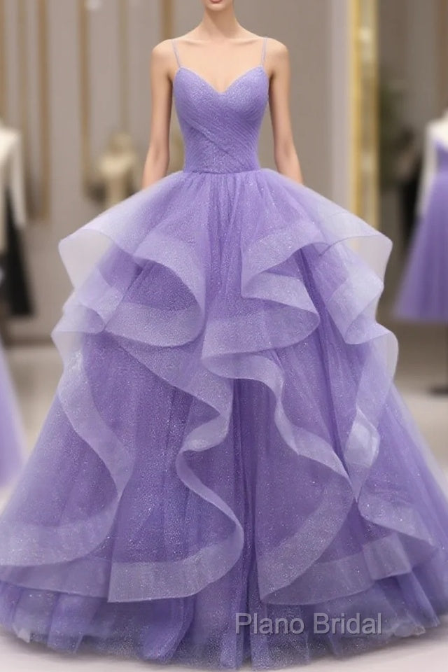 Spaghetti Straps Light Purple Long Formal Prom Dresses A Line Layered Birthday Party Dresses Main image