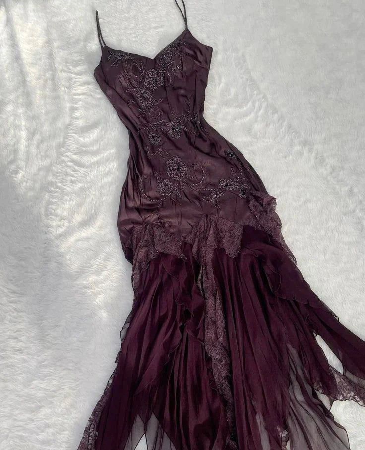 Dark Purple Fashion Exquisite Beaded Spaghetti Straps Long Satin Formal Evening Gown Formal Prom Dresses Party Dresses