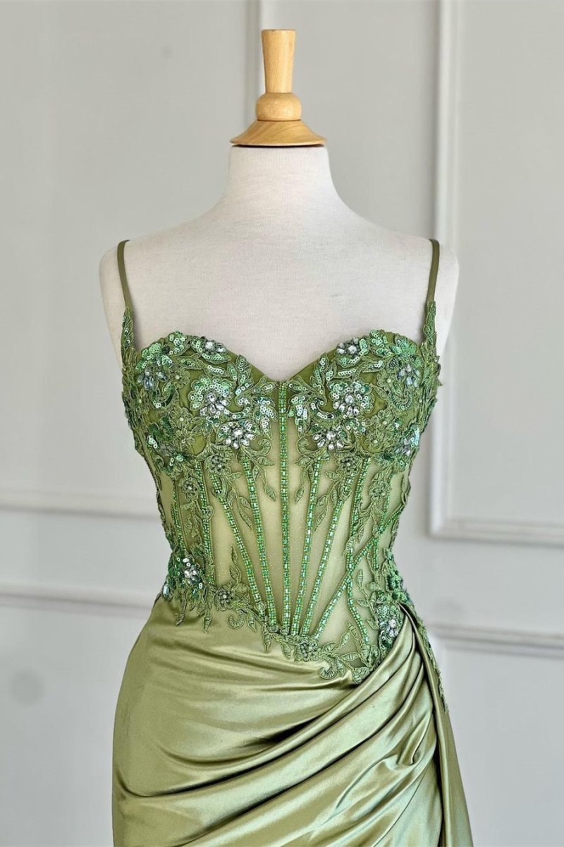 Spaghetti Straps Mermaid Appliqued Prom Dress With Split