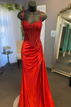 Spaghetti Straps Mermaid Appliqued Prom Dress With Split