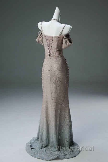 Spaghetti Straps Mermaid Beading Satin Long Formal Prom Dresses Rhinestone Formal Evening Dresses