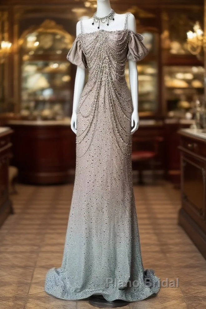 Spaghetti Straps Mermaid Beading Satin Long Formal Prom Dresses Rhinestone Formal Evening Dresses Main image