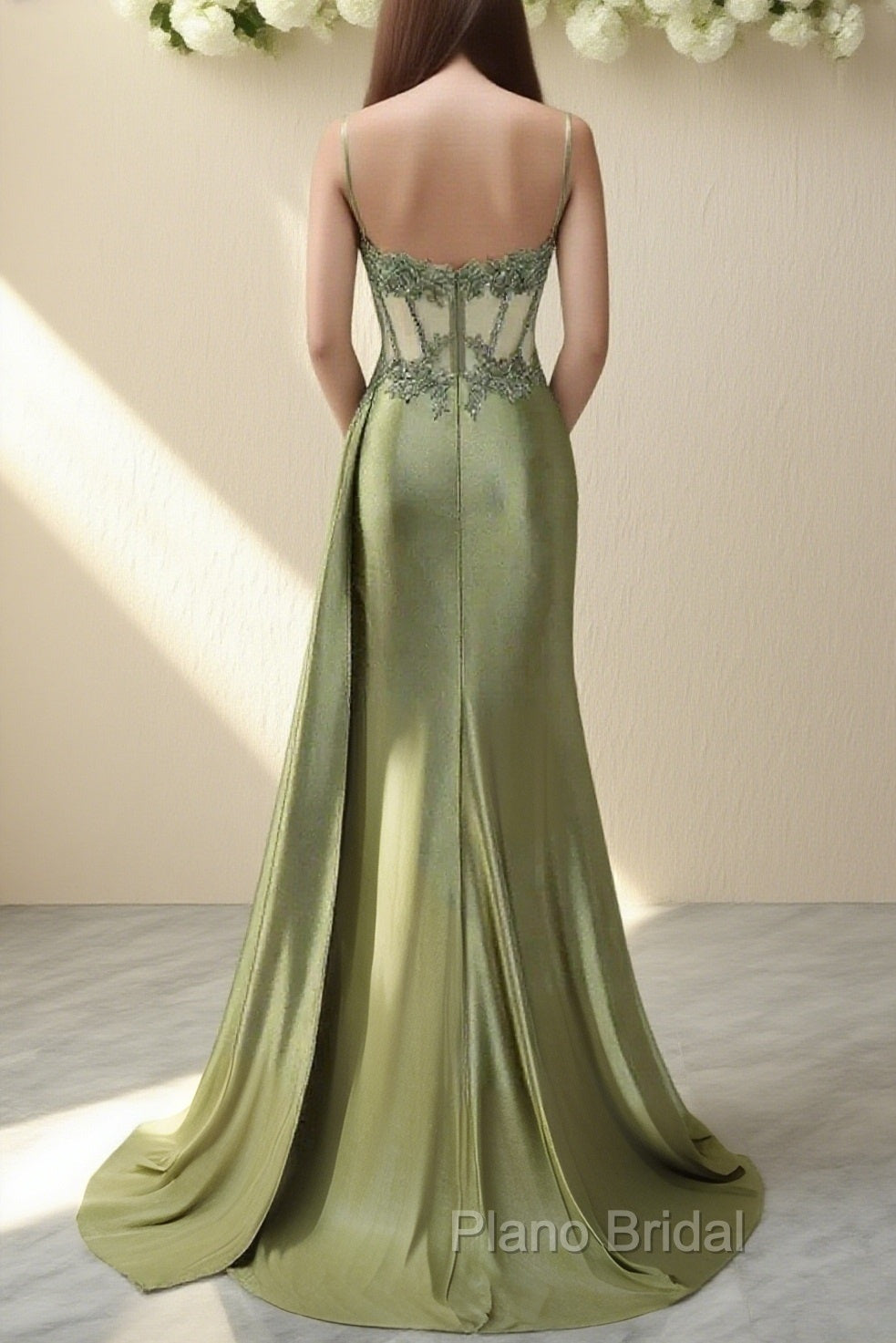 Spaghetti Straps Mermaid Formal Prom Dresses Appliqued Corset Formal Prom Dresses With Split