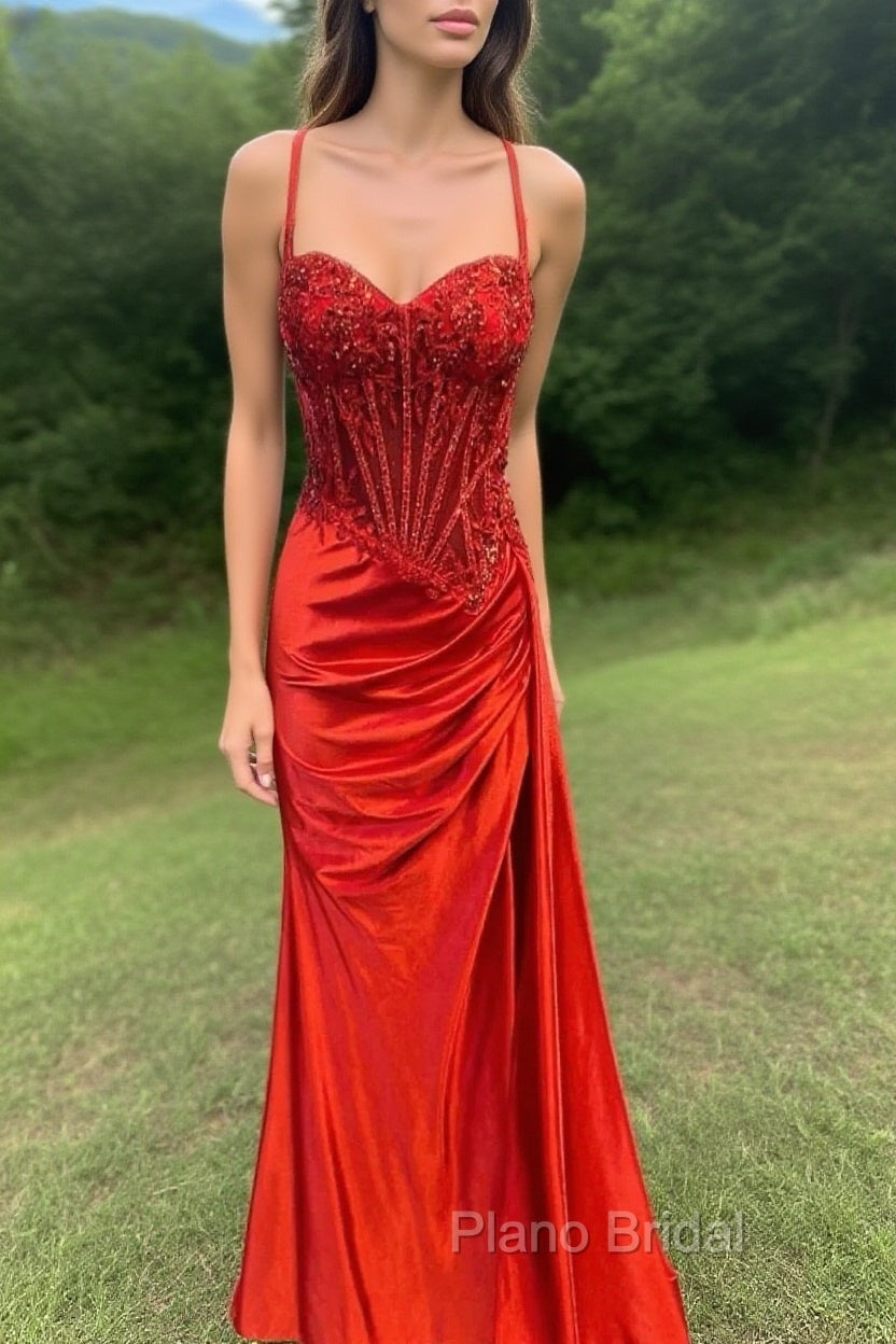 Spaghetti Straps Mermaid Formal Prom Dresses Appliqued Corset Formal Prom Dresses With Split