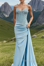 Spaghetti Straps Mermaid Formal Prom Dresses Appliqued Corset Formal Prom Dresses With Split
