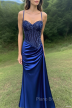 Spaghetti Straps Mermaid Formal Prom Dresses Appliqued Corset Formal Prom Dresses With Split