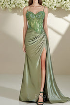 Spaghetti Straps Mermaid Formal Prom Dresses Appliqued Corset Formal Prom Dresses With Split