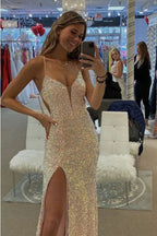 Spaghetti Straps Mermaid Formal Prom Dresses, Sparkly Sequins Slit Long Formal Gown