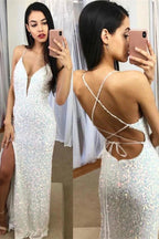 Spaghetti Straps Mermaid Formal Prom Dresses, Sparkly Sequins Slit Long Formal Gown