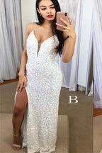 Spaghetti Straps Mermaid Formal Prom Dresses, Sparkly Sequins Slit Long Formal Gown