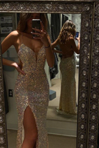 Spaghetti Straps Mermaid Formal Prom Dresses, Sparkly Sequins Slit Long Formal Gown