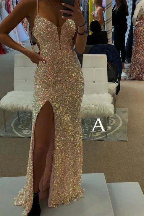 Spaghetti Straps Mermaid Formal Prom Dresses, Sparkly Sequins Slit Long Formal Gown Main image