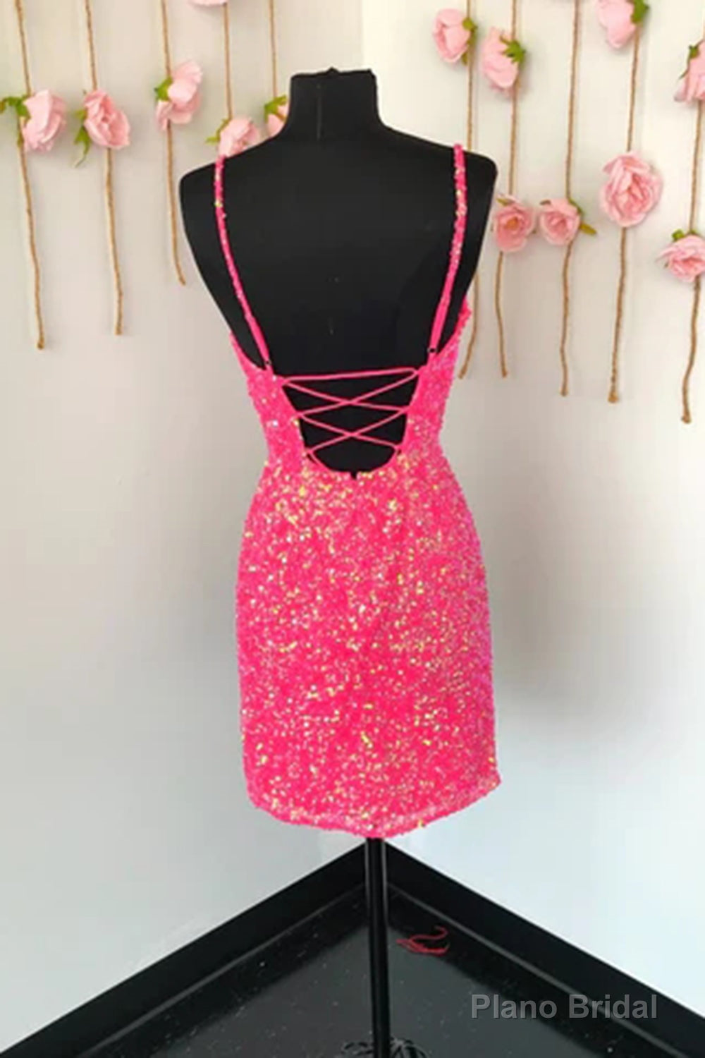 Spaghetti Straps Pink Sequins Short Homecoming Dress with Criss Cross Back Secondary image