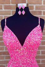 Spaghetti Straps Pink Sequins Short Homecoming Dress with Criss Cross Back
