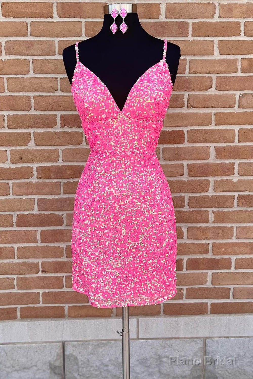 Spaghetti Straps Pink Sequins Short Homecoming Dress with Criss Cross Back Main image