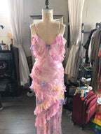 Dreamy Elegant Spaghetti Strap Pink Layered Ruffle Maxi Dress Long Chiffon Evening Gown Prom Dress