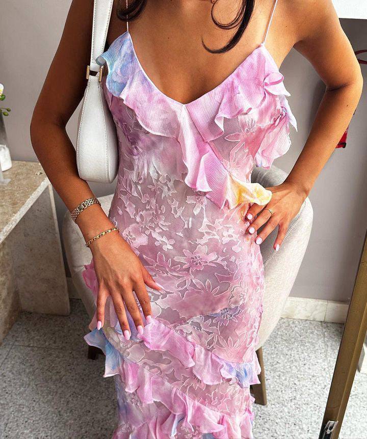 Dreamy Elegant Spaghetti Strap Pink Layered Ruffle Maxi Dress Long Chiffon Evening Gown Prom Dress