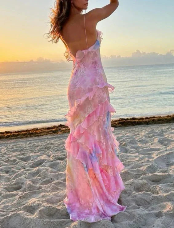 Dreamy Elegant Spaghetti Strap Pink Layered Ruffle Maxi Dress Long Chiffon Evening Gown Prom Dress