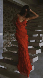Spaghetti Straps Red Long Formal Prom Dresses,Ruffles Sheath Formal Evening Formal Gown