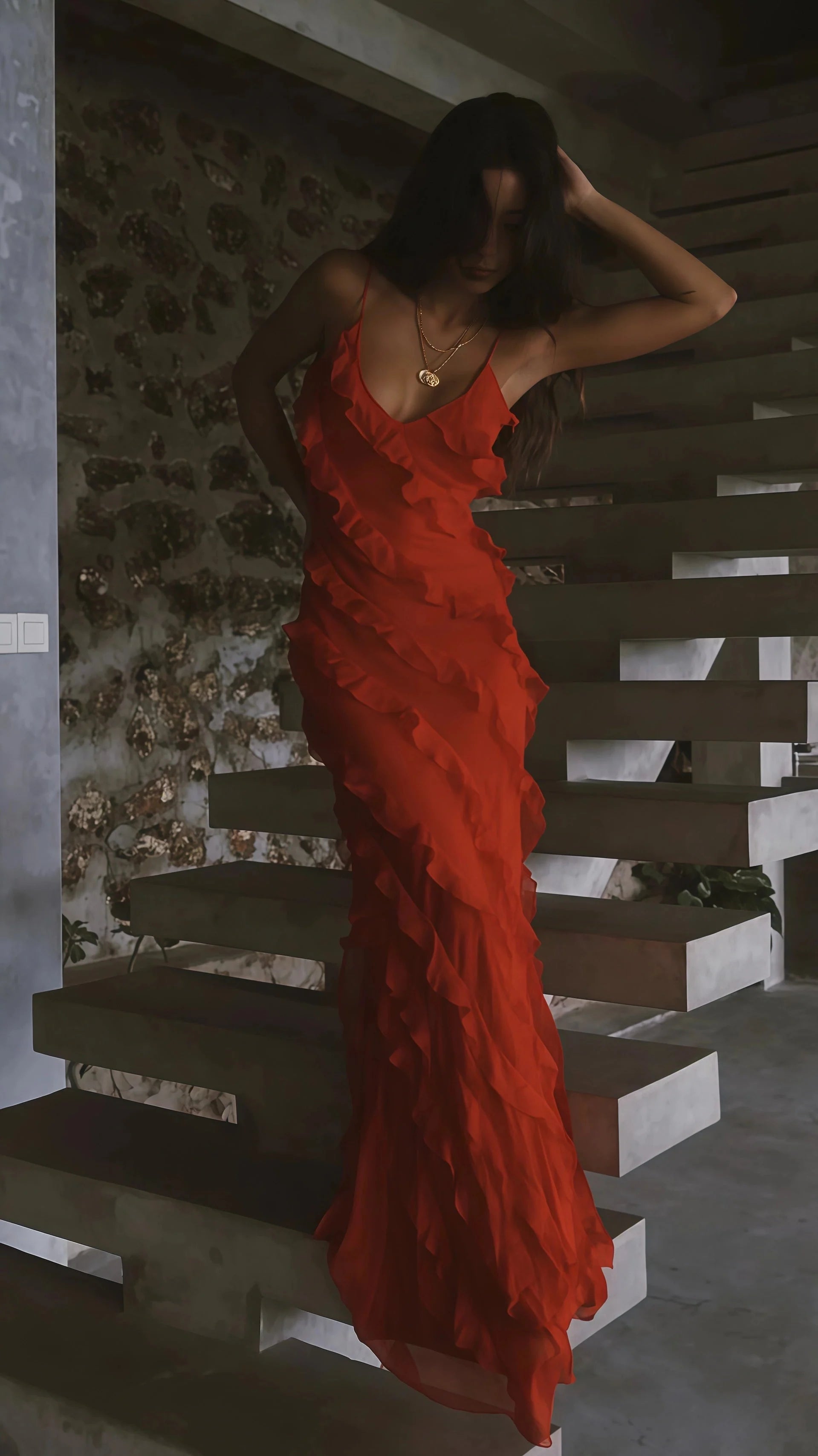 Spaghetti Straps Red Long Formal Prom Dresses,Ruffles Sheath Formal Evening Formal Gown
