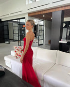 Spaghetti Straps Red Sheath Long Formal Prom Dresses With Slit