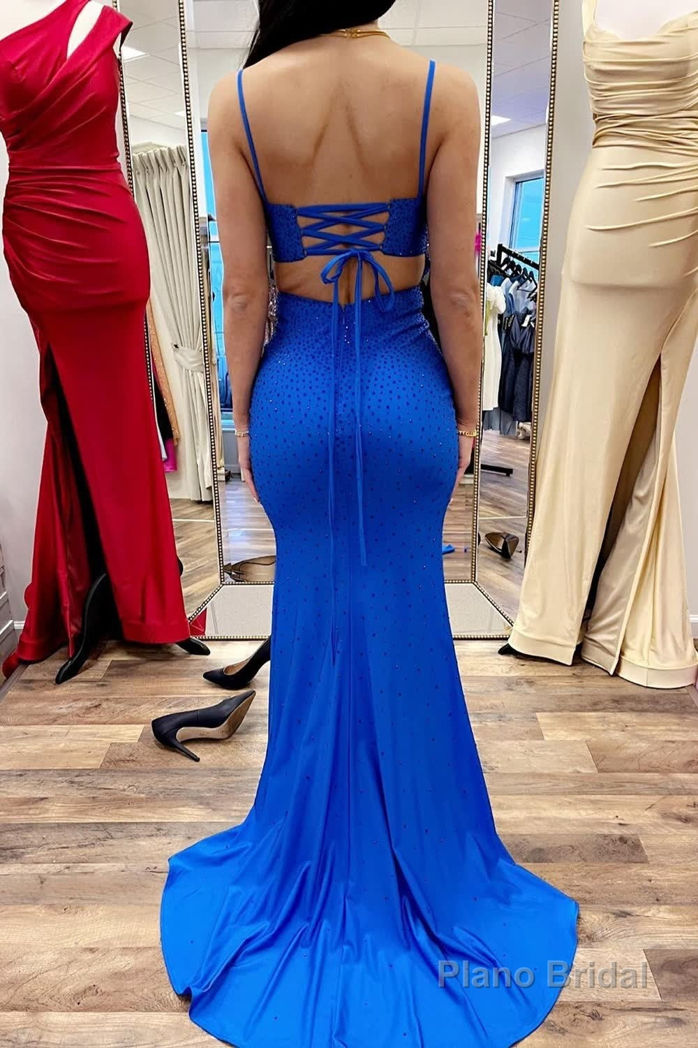 Spaghetti Straps Royal Blue Mermaid Prom Dress with Slit Secondary image