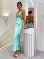 Spaghetti Straps Sheath Light Blue Formal Prom Dresses Formal Satin Party Dresses