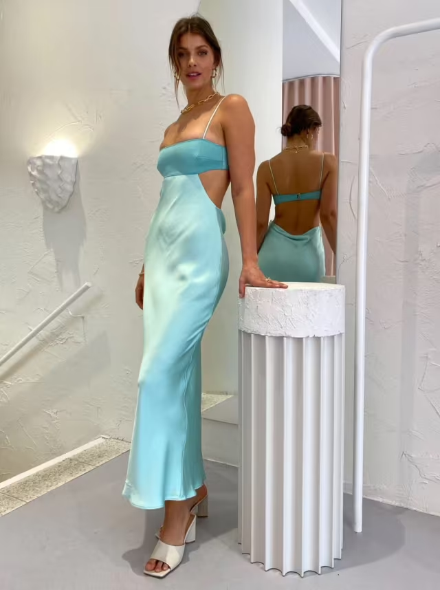 Spaghetti Straps Sheath Light Blue Formal Prom Dresses Formal Satin Party Dresses