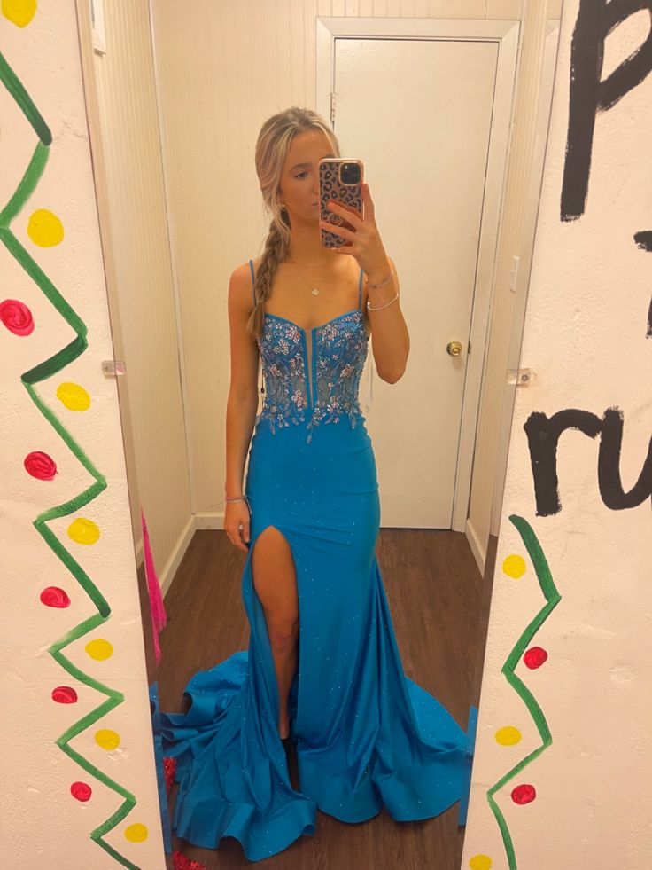 Blue Spaghetti Strap Gorgeous Exquisite Beaded Bodycon Long Satin High Slit Ball Gown Formal Evening Dresses