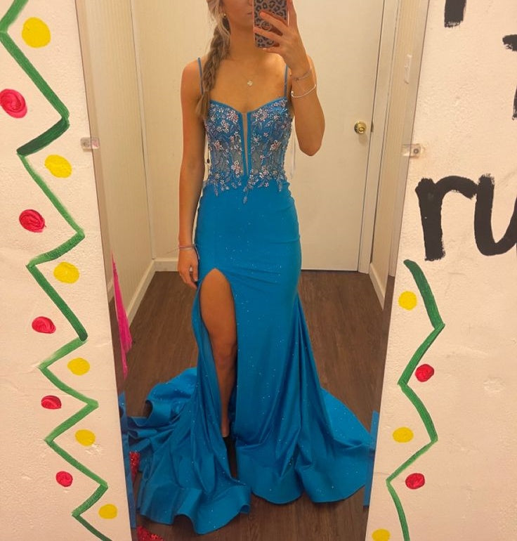 Blue Spaghetti Strap Gorgeous Exquisite Beaded Bodycon Long Satin High Slit Ball Gown Formal Evening Dresses Main image