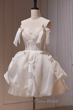 Spaghetti Straps Short Formal Prom Dresses with Lace, Homecoming Gown with Bowknot