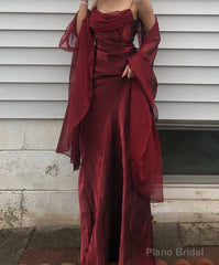 Spaghetti Straps Simple Burgundy Long Prom Dress