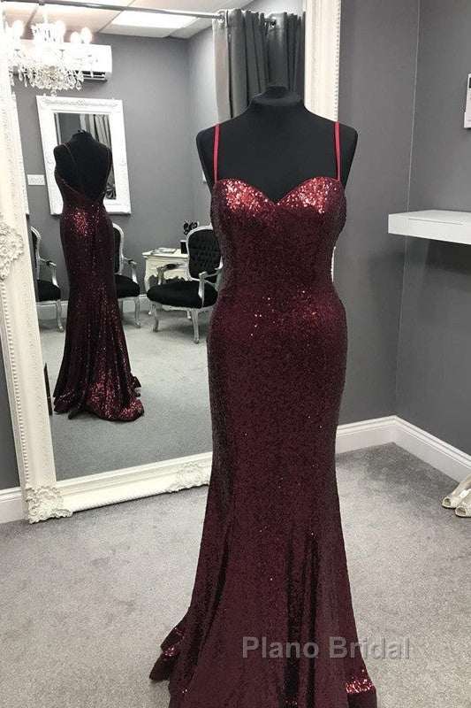 Spaghetti Straps Sweetheart Mermaid Sequins Formal Prom Dresses