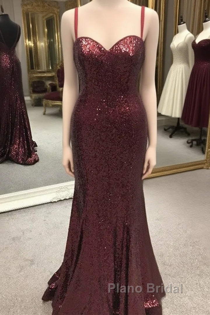Spaghetti Straps Sweetheart Mermaid Sequins Formal Prom Dresses