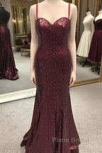 Spaghetti Straps Sweetheart Mermaid Sequins Formal Prom Dresses