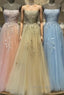 Spaghetti Straps Tulle Appliques Gold Formal Prom Formal Dresses