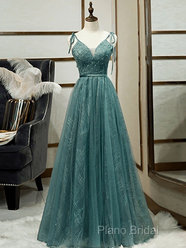 Spaghetti Straps Tulle Modest A Line Formal Dresses Long Formal Prom Dresses