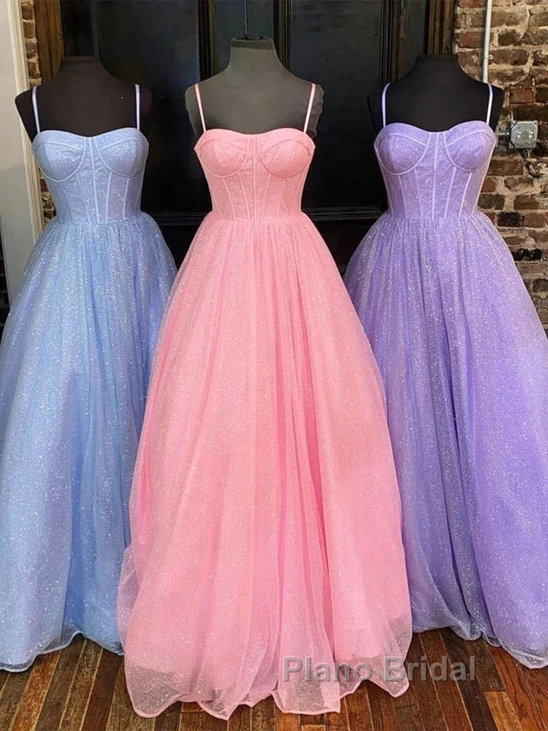 Spaghetti Straps Tulle Purple Bling Bling A Line Formal Prom Dresses