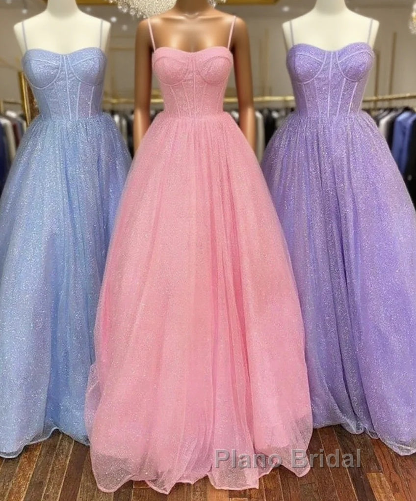 Spaghetti Straps Tulle Purple Bling Bling A Line Formal Prom Dresses Main image