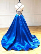 Spaghetti Straps V-Neck A-Line Royal Blue Formal Prom Dresses,