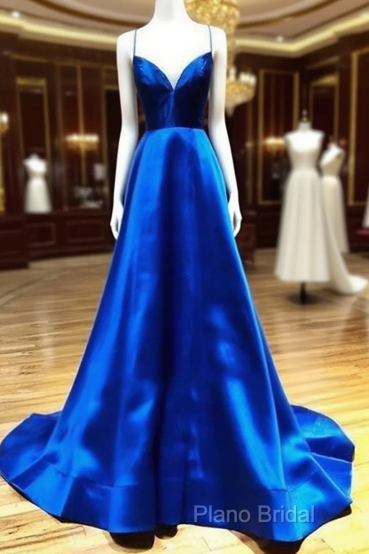 Spaghetti Straps V-Neck A-Line Royal Blue Formal Prom Dresses,
