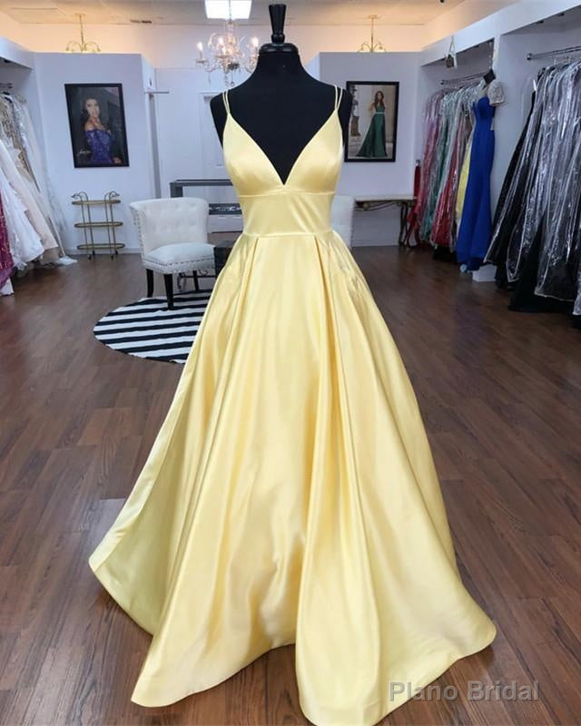 Spaghetti Straps V-neck Long Daffodil Simple Satin Prom Dresses Main image
